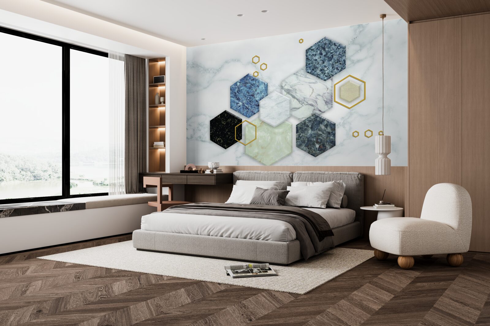 Fototapeta pięciokątne mozaiki na tle białego marmuru