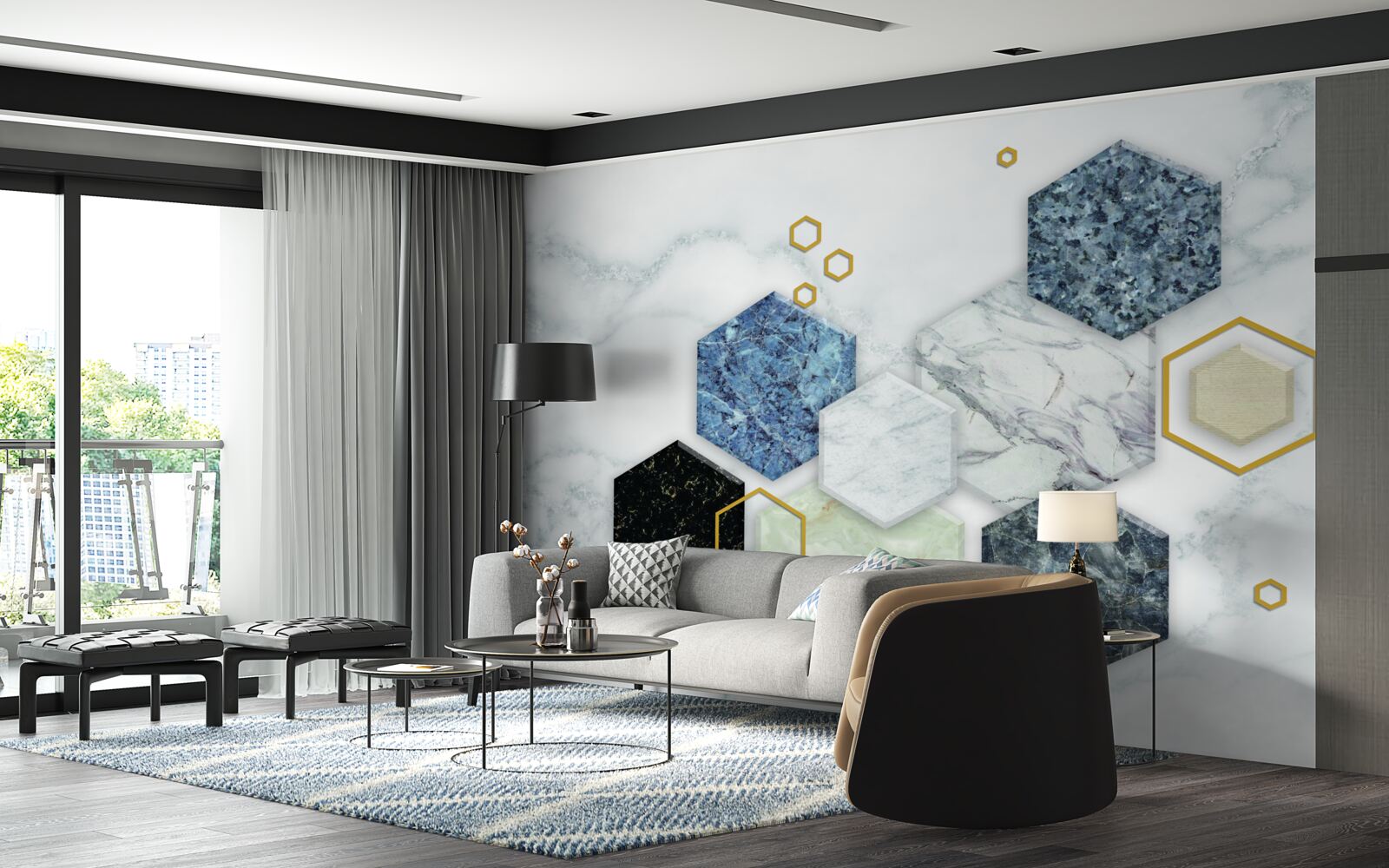 Fototapeta pięciokątne mozaiki na tle białego marmuru