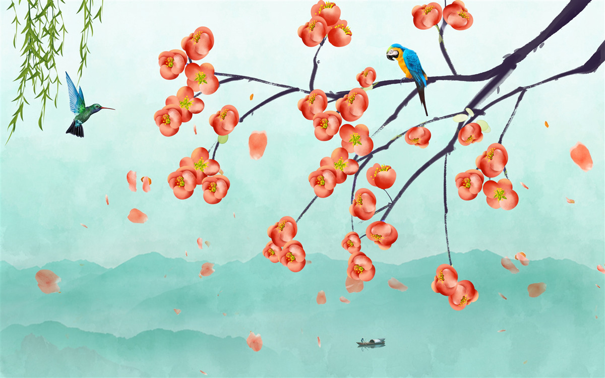 Fototapeta góry otaczają piękno japońskich kwiatów wiśni