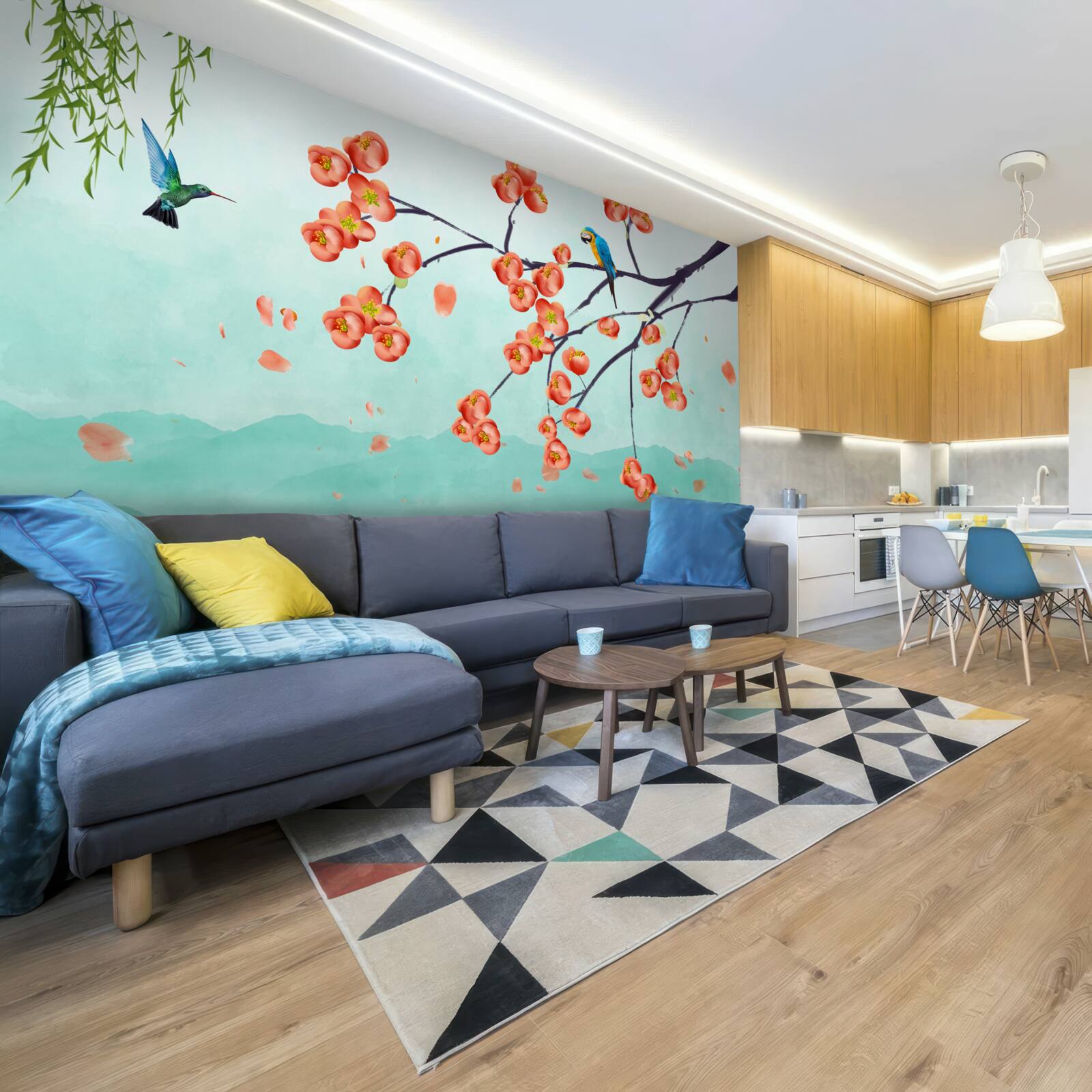 Fototapeta góry otaczają piękno japońskich kwiatów wiśni