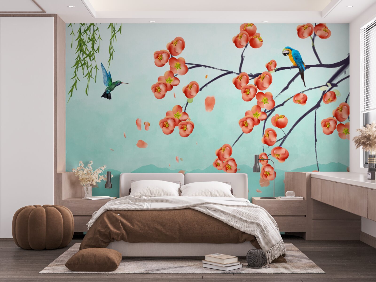 Fototapeta góry otaczają piękno japońskich kwiatów wiśni