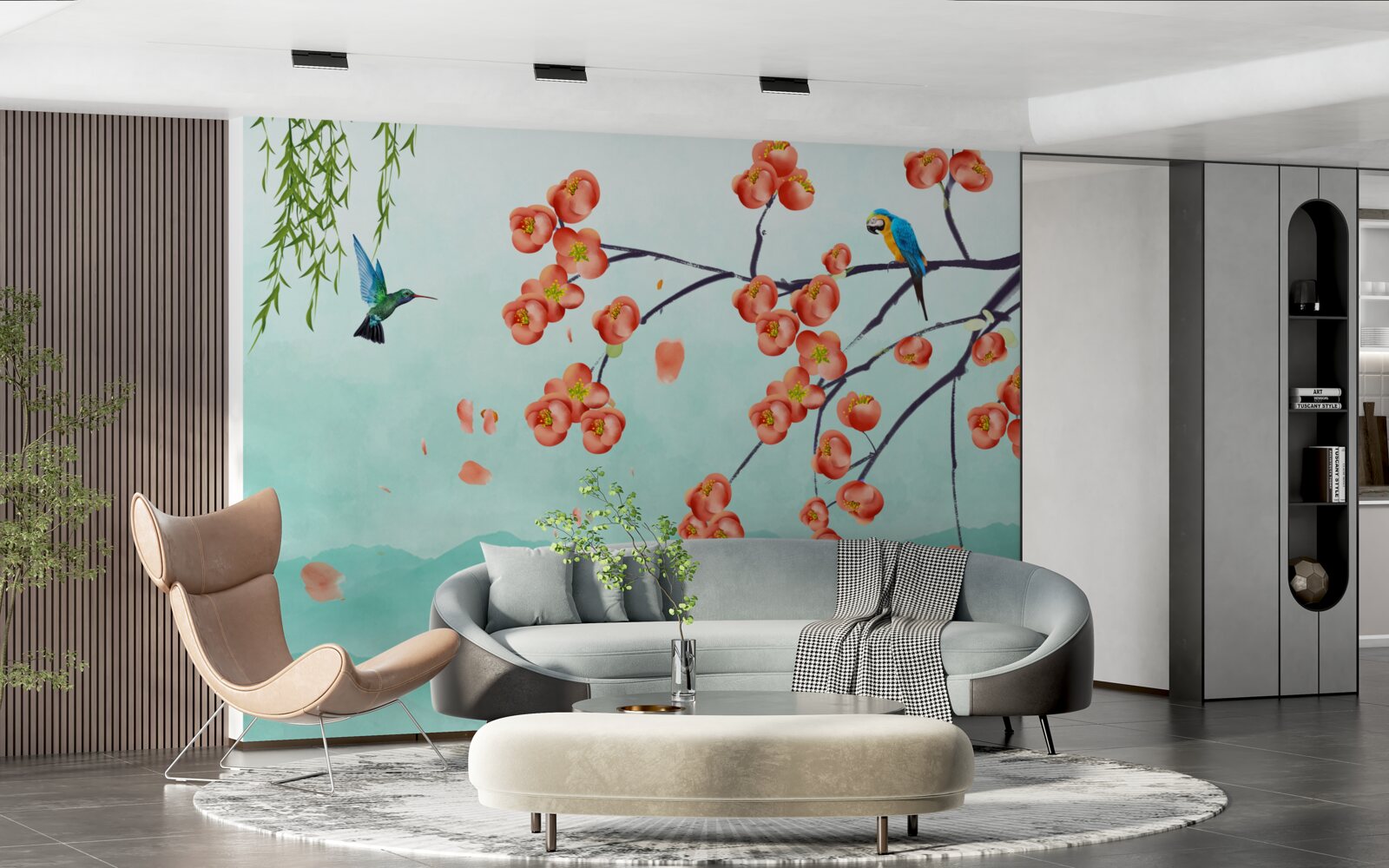 Fototapeta góry otaczają piękno japońskich kwiatów wiśni