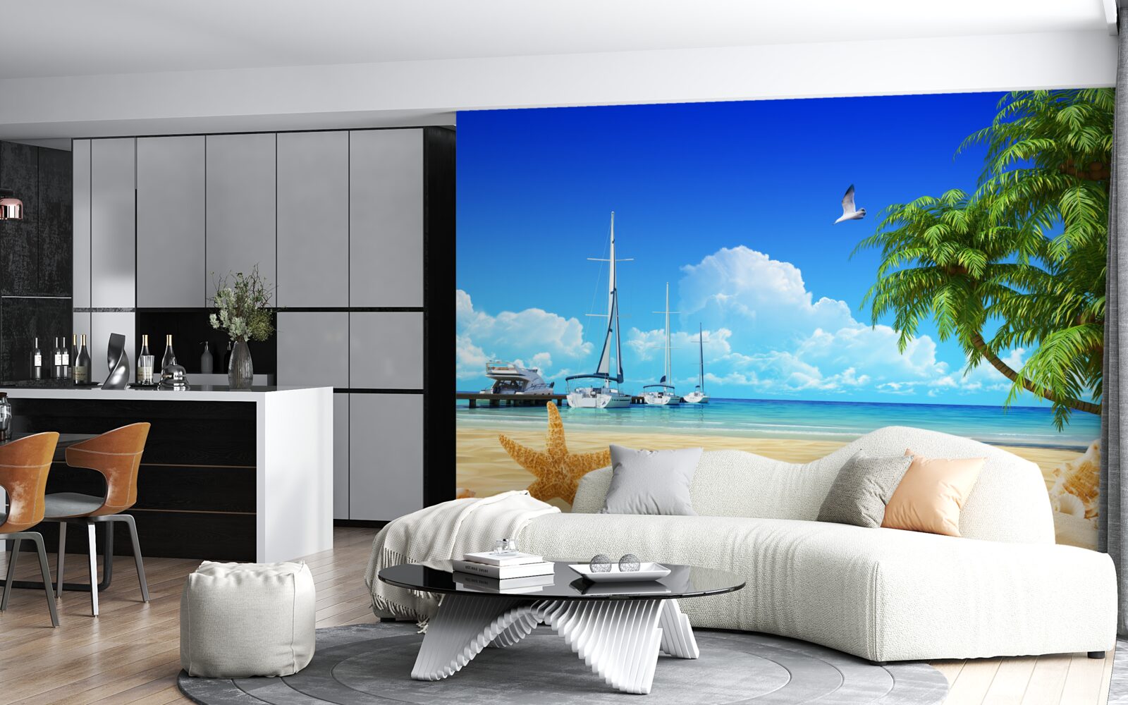 Fototapeta na molo na piaszczystym brzegu stoją łodzie