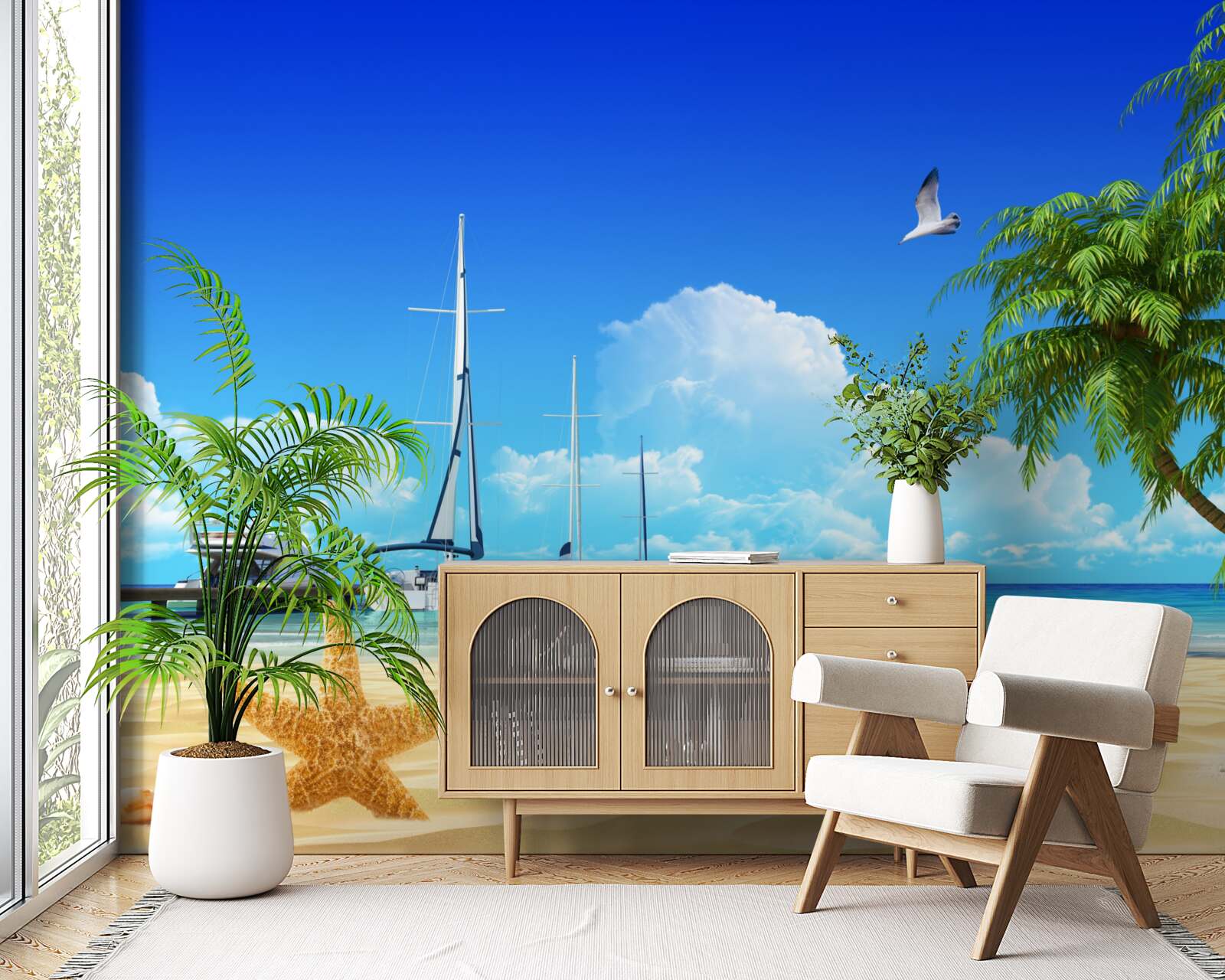 Fototapeta na molo na piaszczystym brzegu stoją łodzie