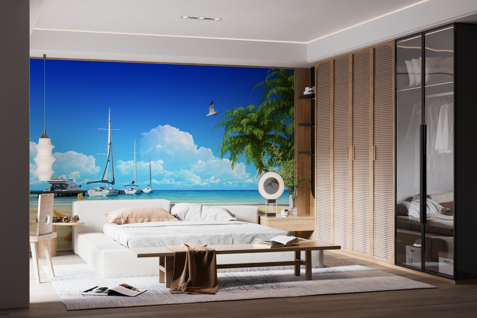 Fototapeta na molo na piaszczystym brzegu stoją łodzie