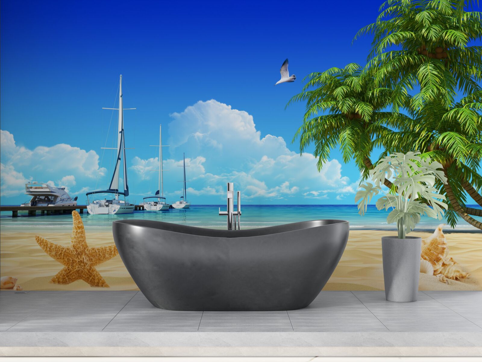 Fototapeta na molo na piaszczystym brzegu stoją łodzie