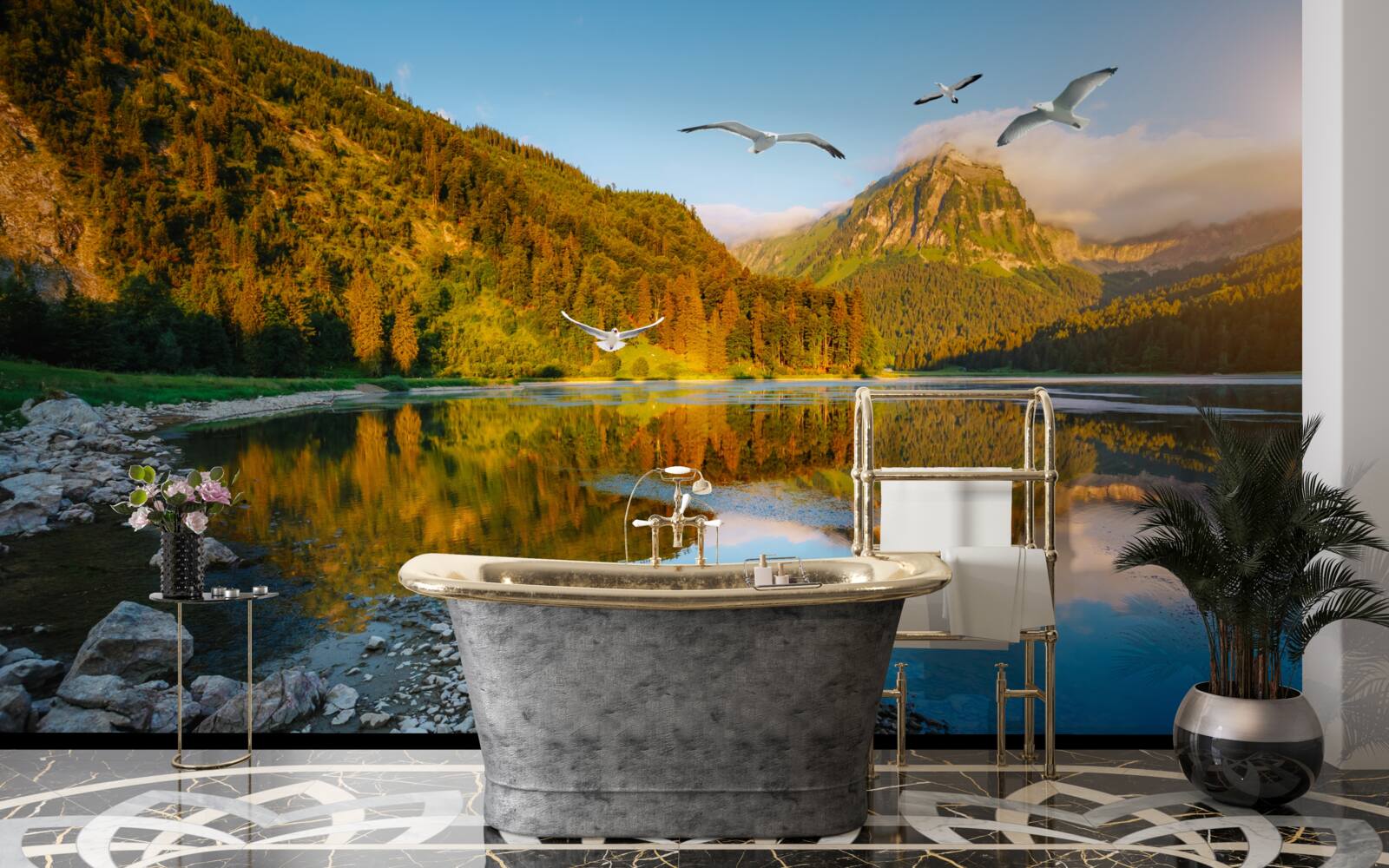 Fototapeta ptaki latające nad wodami górskimi