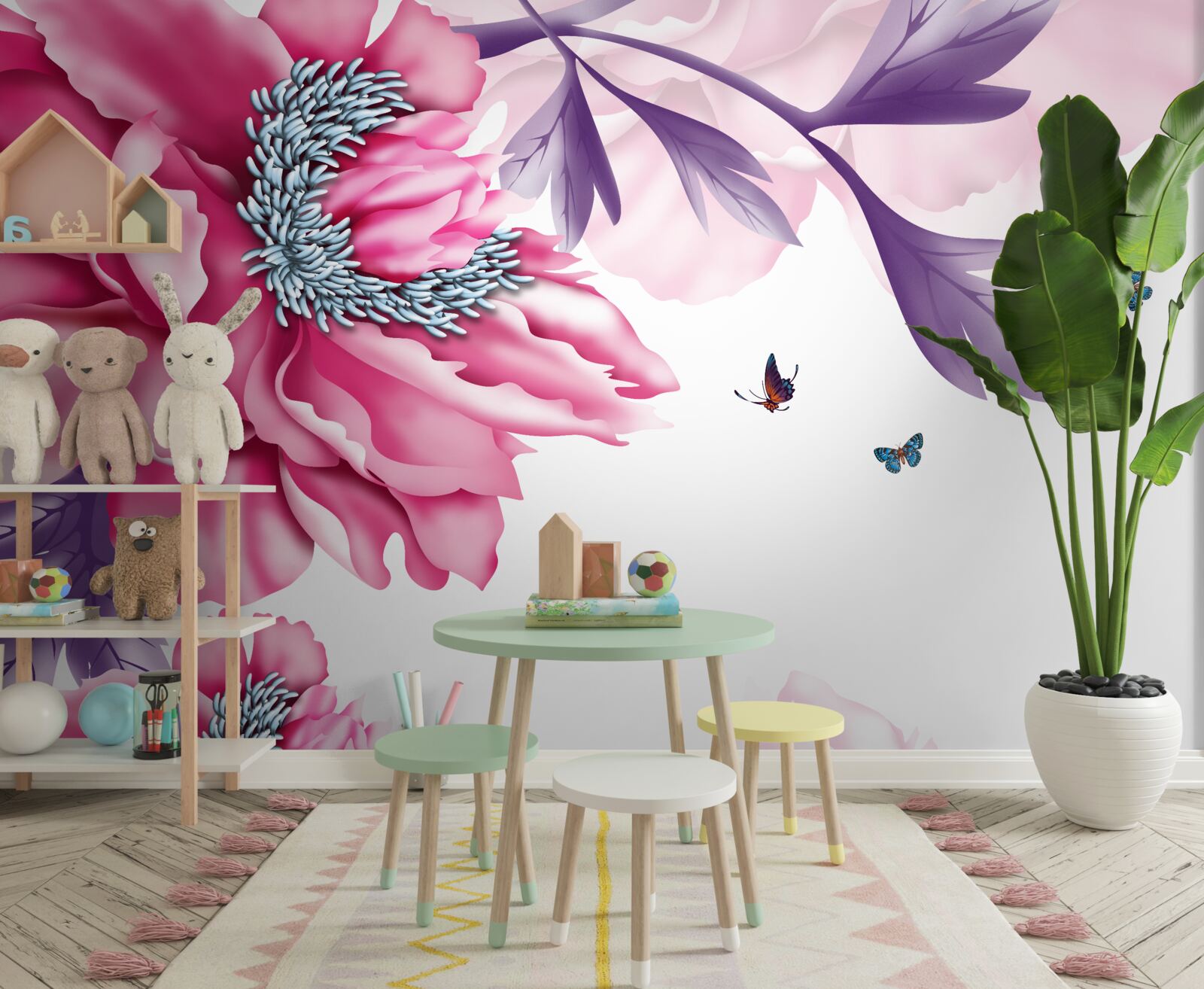 Fototapeta motyle i różowe kwiaty na tle