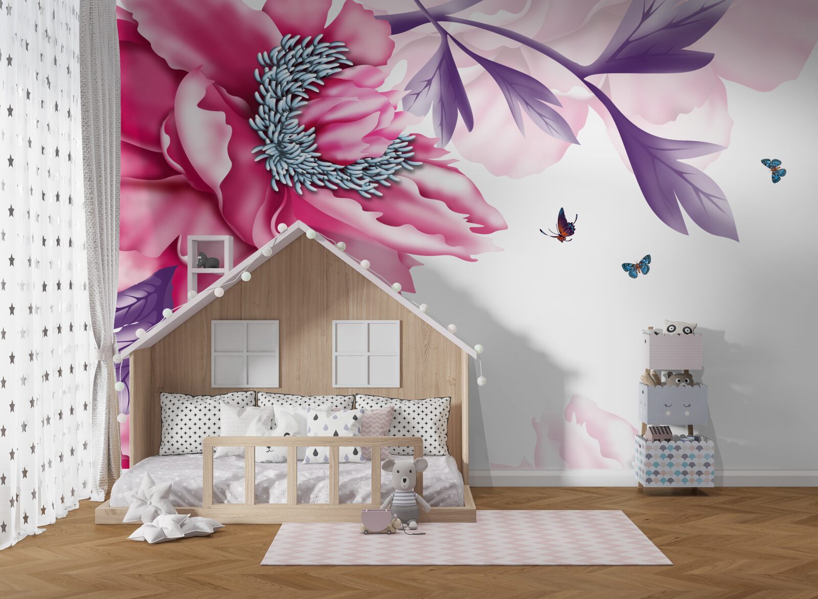 Fototapeta motyle i różowe kwiaty na tle