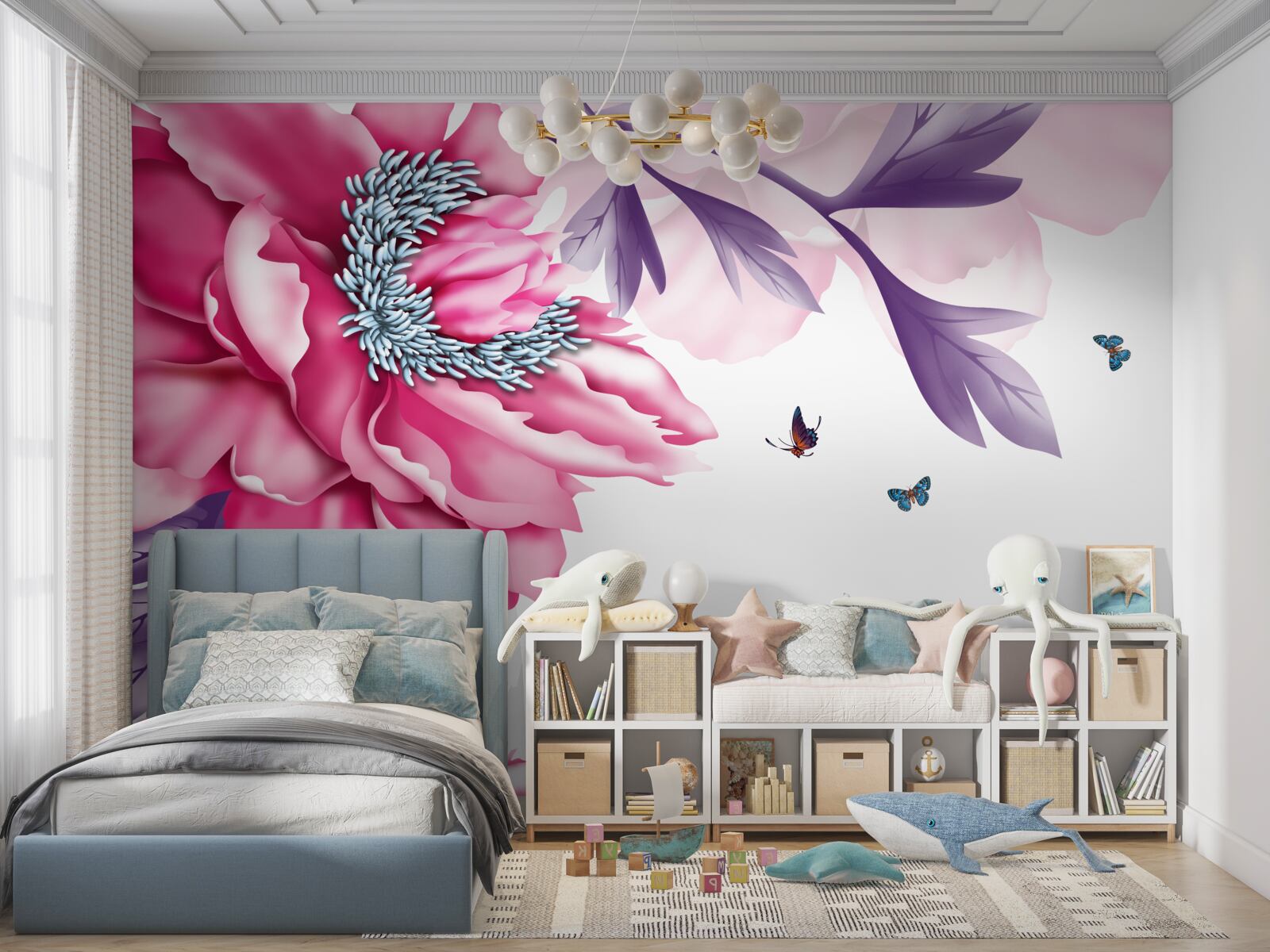 Fototapeta motyle i różowe kwiaty na tle