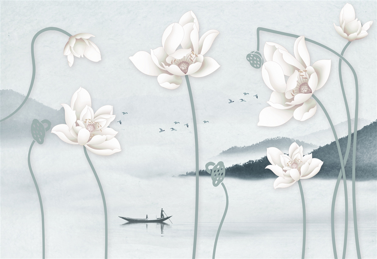 Fototapeta Łódź z rybakiem i śnieżnobiałymi kwiatami