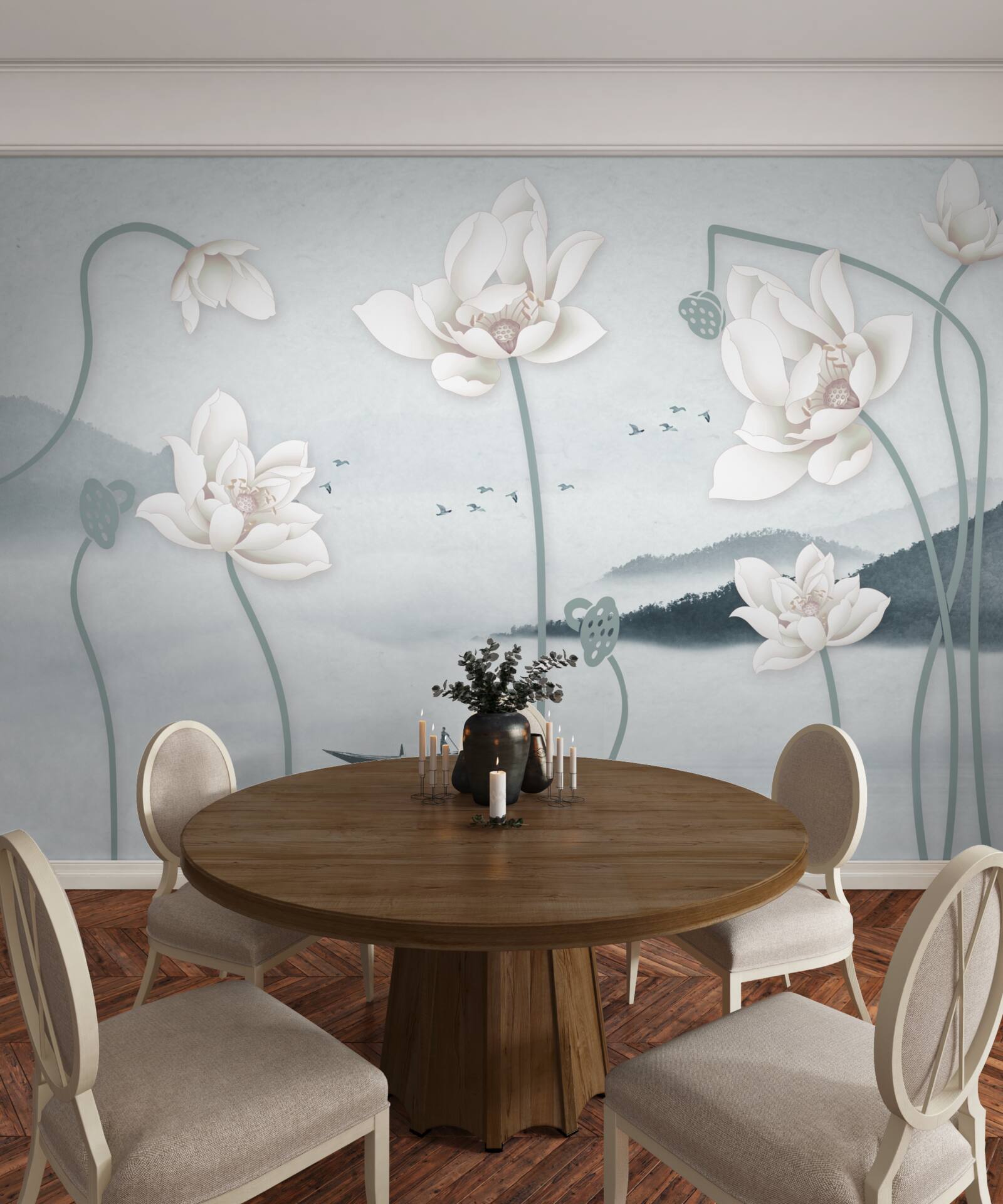 Fototapeta Łódź z rybakiem i śnieżnobiałymi kwiatami