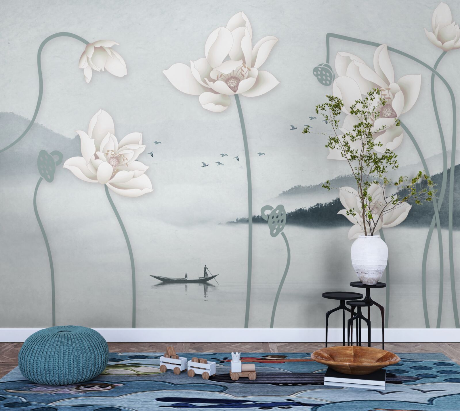 Fototapeta Łódź z rybakiem i śnieżnobiałymi kwiatami