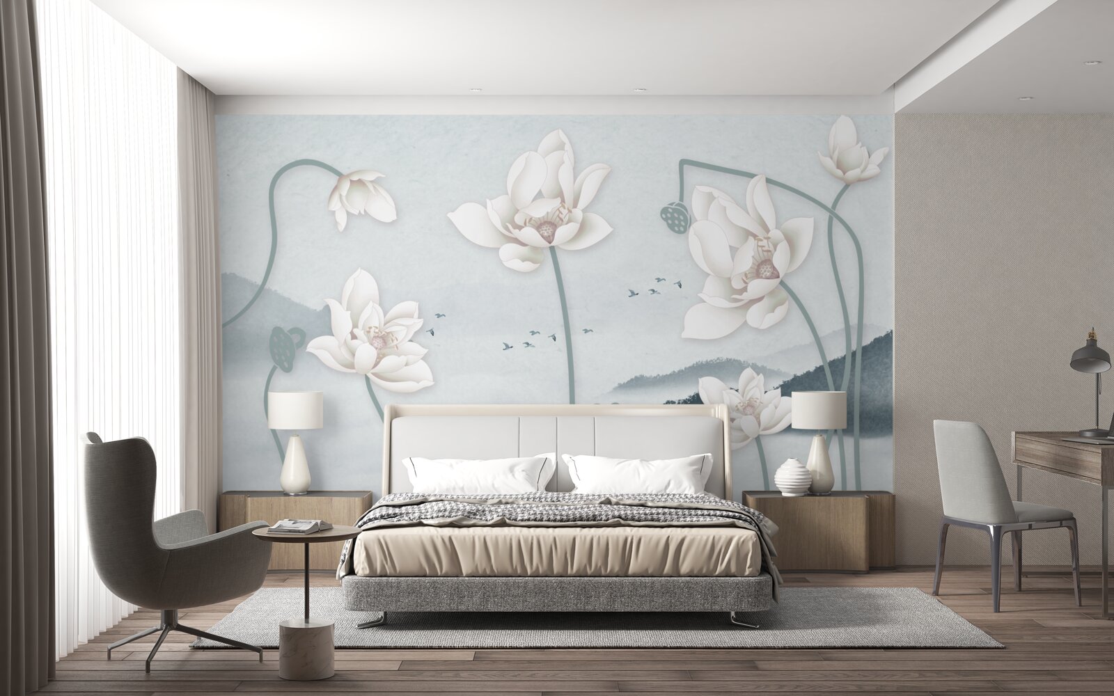 Fototapeta Łódź z rybakiem i śnieżnobiałymi kwiatami