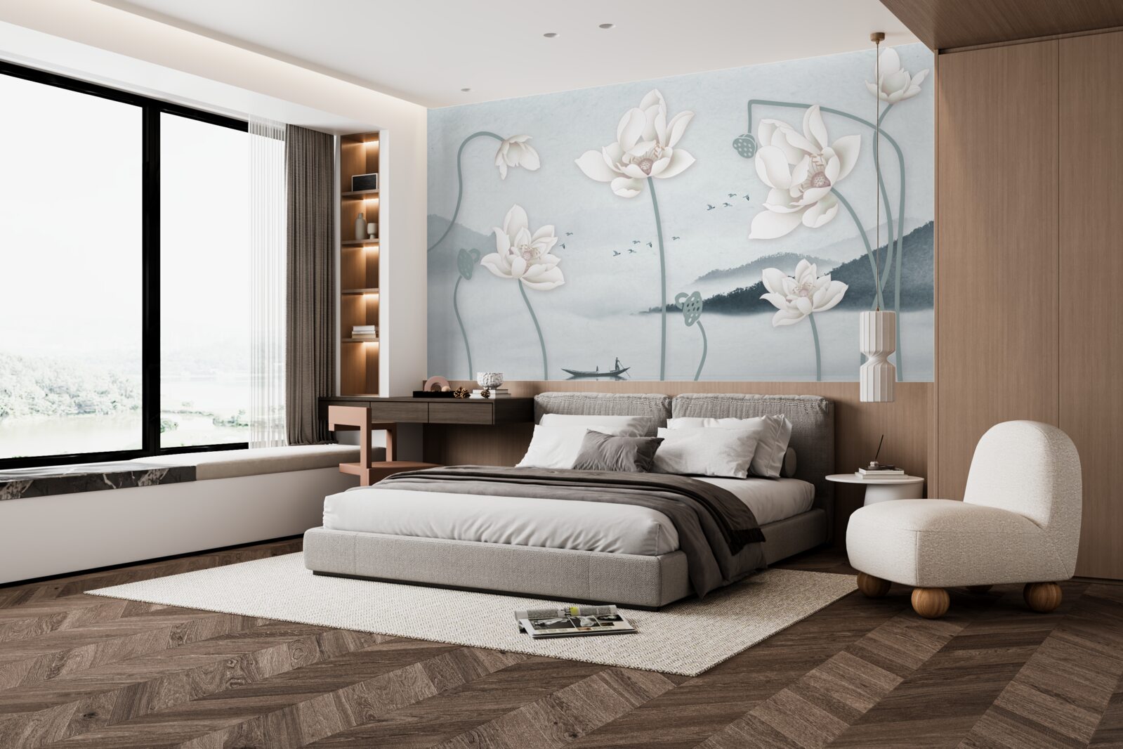 Fototapeta Łódź z rybakiem i śnieżnobiałymi kwiatami