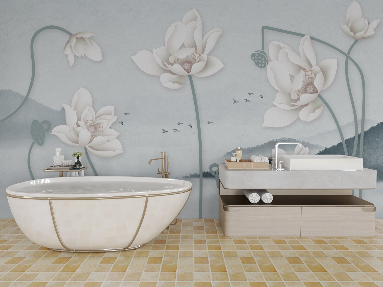 Fototapeta Łódź z rybakiem i śnieżnobiałymi kwiatami