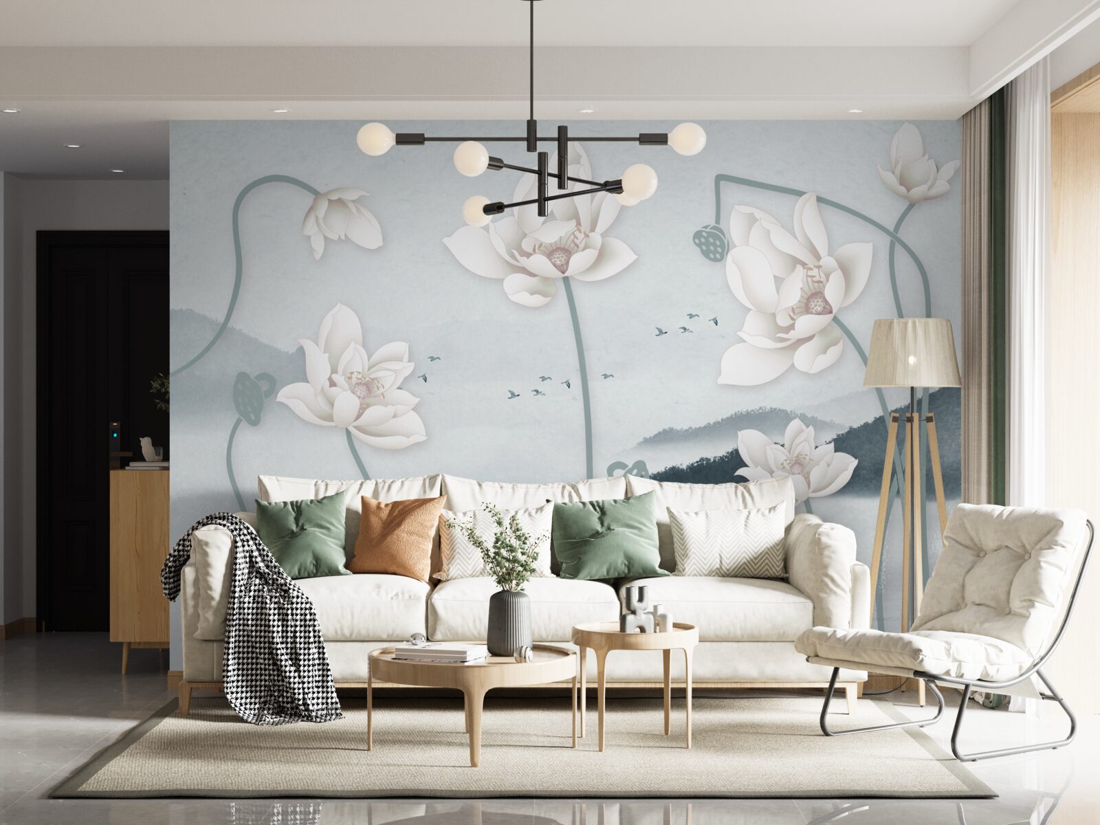 Fototapeta Łódź z rybakiem i śnieżnobiałymi kwiatami