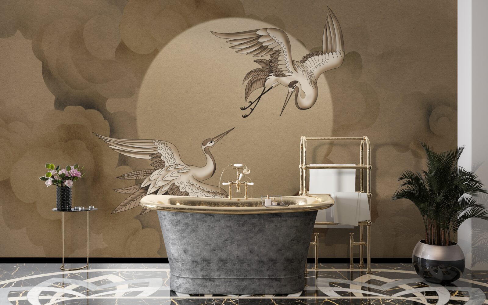 Fototapeta taniec żurawia pod chmurami