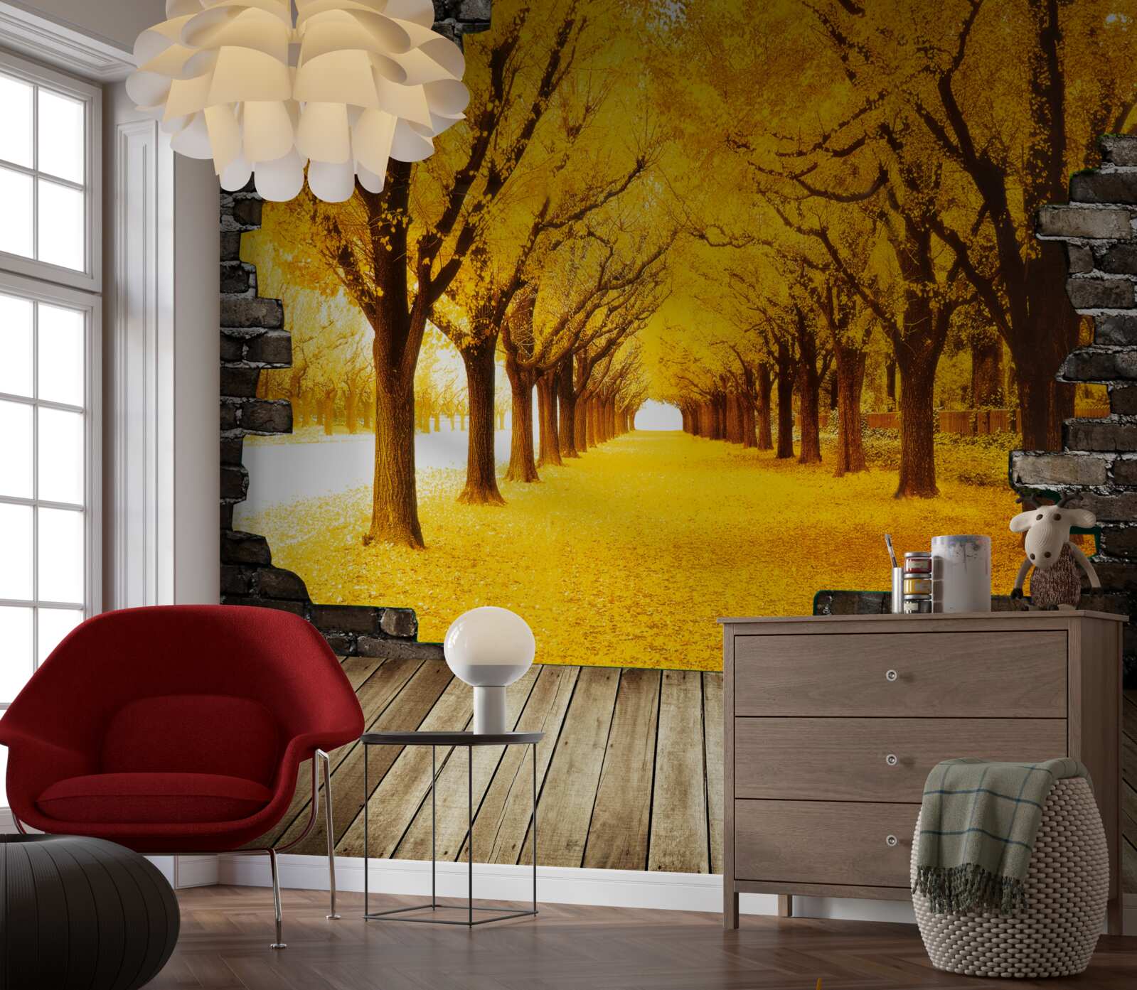 Fototapeta aleja była pokryta żółtymi liśćmi