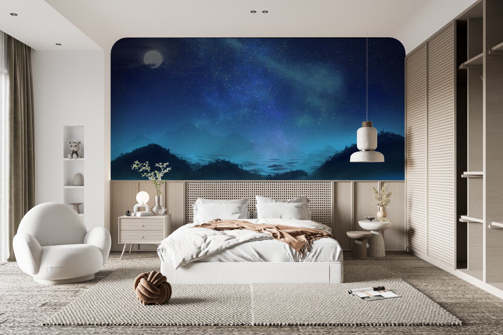 Fototapeta północny blask i gwiaździste niebo nad szczytami górskimi