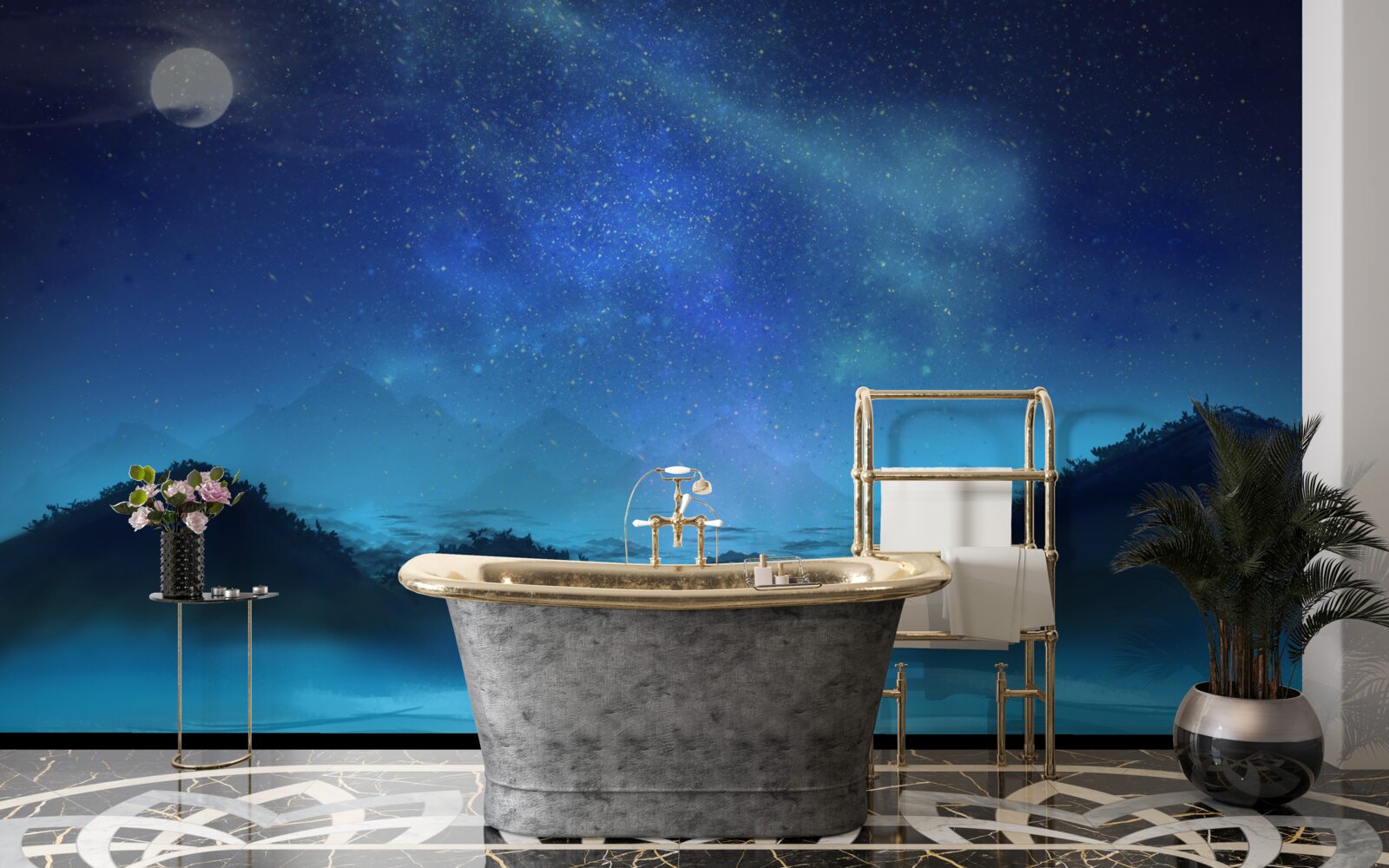 Fototapeta północny blask i gwiaździste niebo nad szczytami górskimi