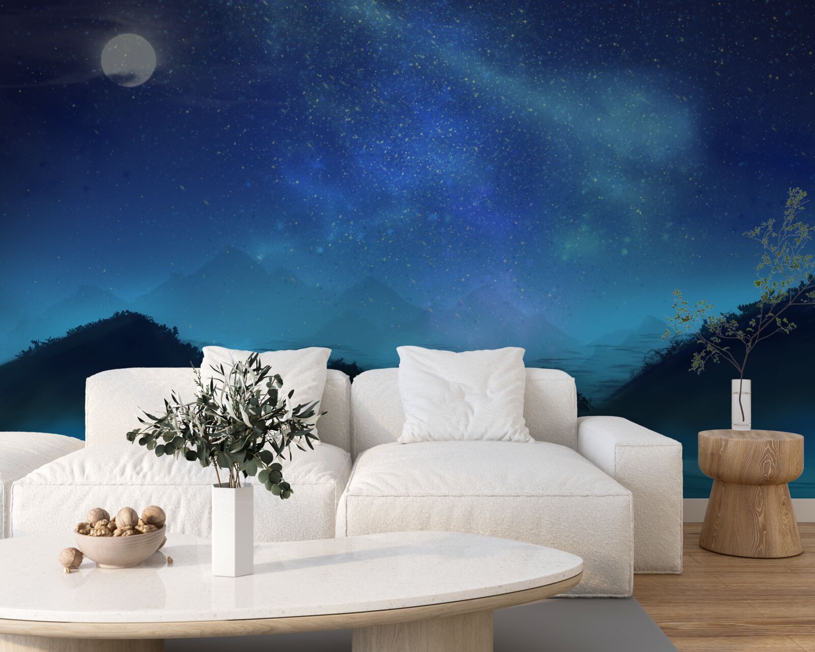 Fototapeta północny blask i gwiaździste niebo nad szczytami górskimi