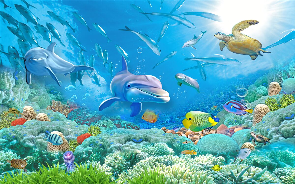Fototapeta królestwo morskie z rybami, żółwiami i delfinami