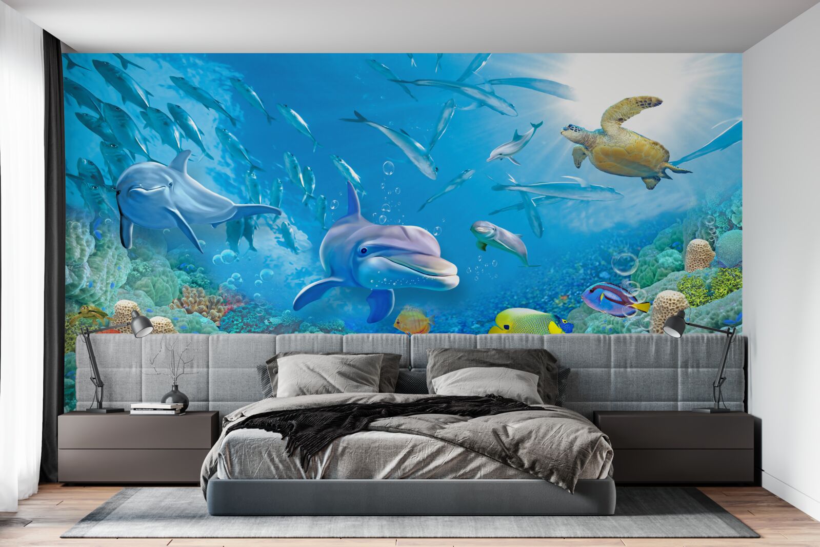 Fototapeta królestwo morskie z rybami, żółwiami i delfinami