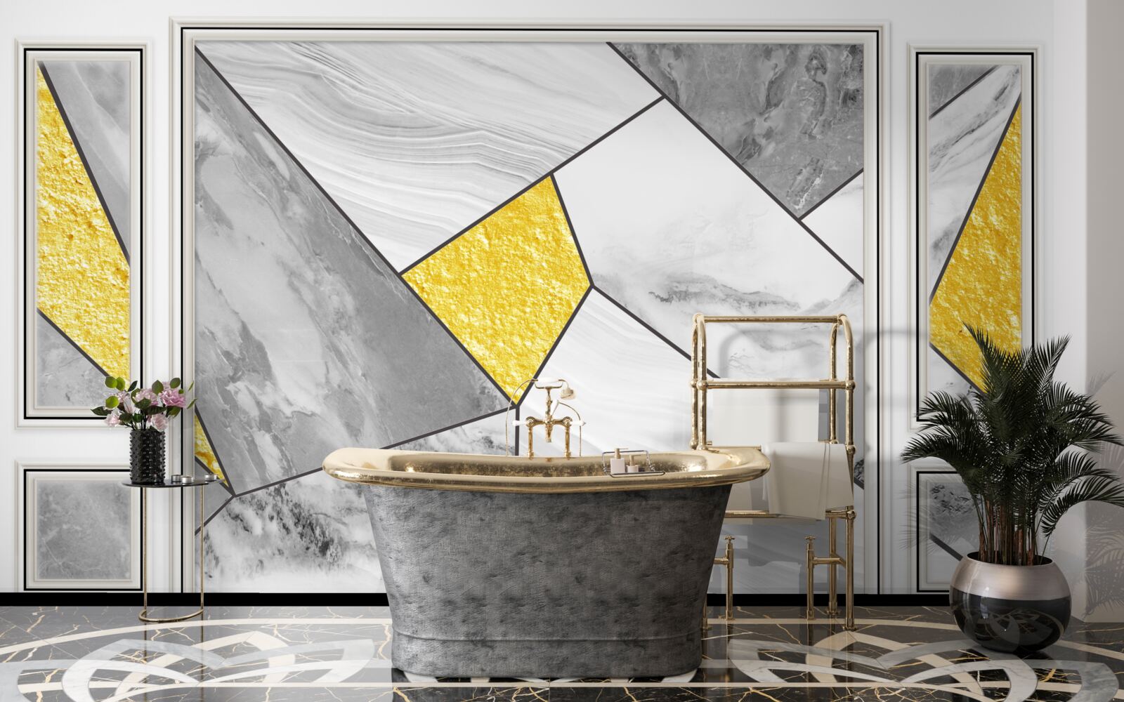 Fototapeta szara mozaika ze złotymi elementami