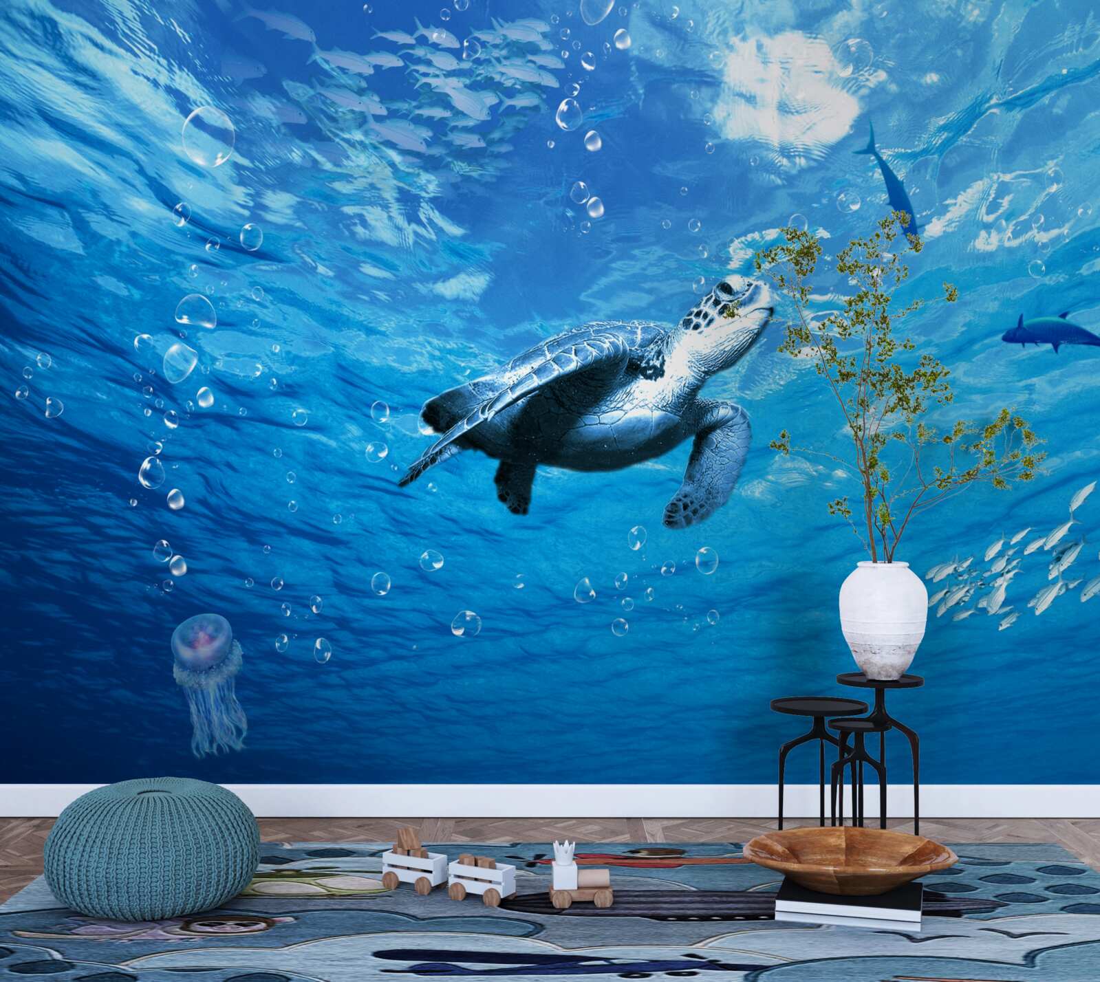 Fototapeta błękitne morze ozdobione jest żółwiem morskim