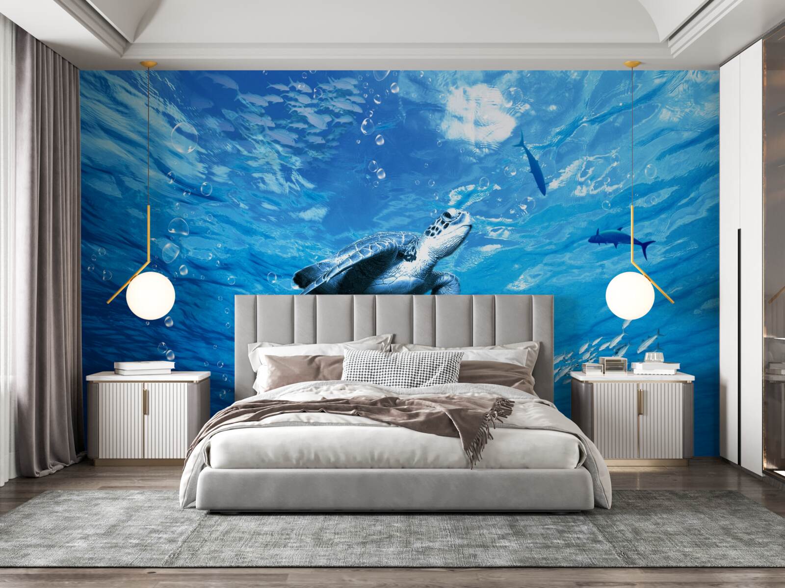 Fototapeta błękitne morze ozdobione jest żółwiem morskim