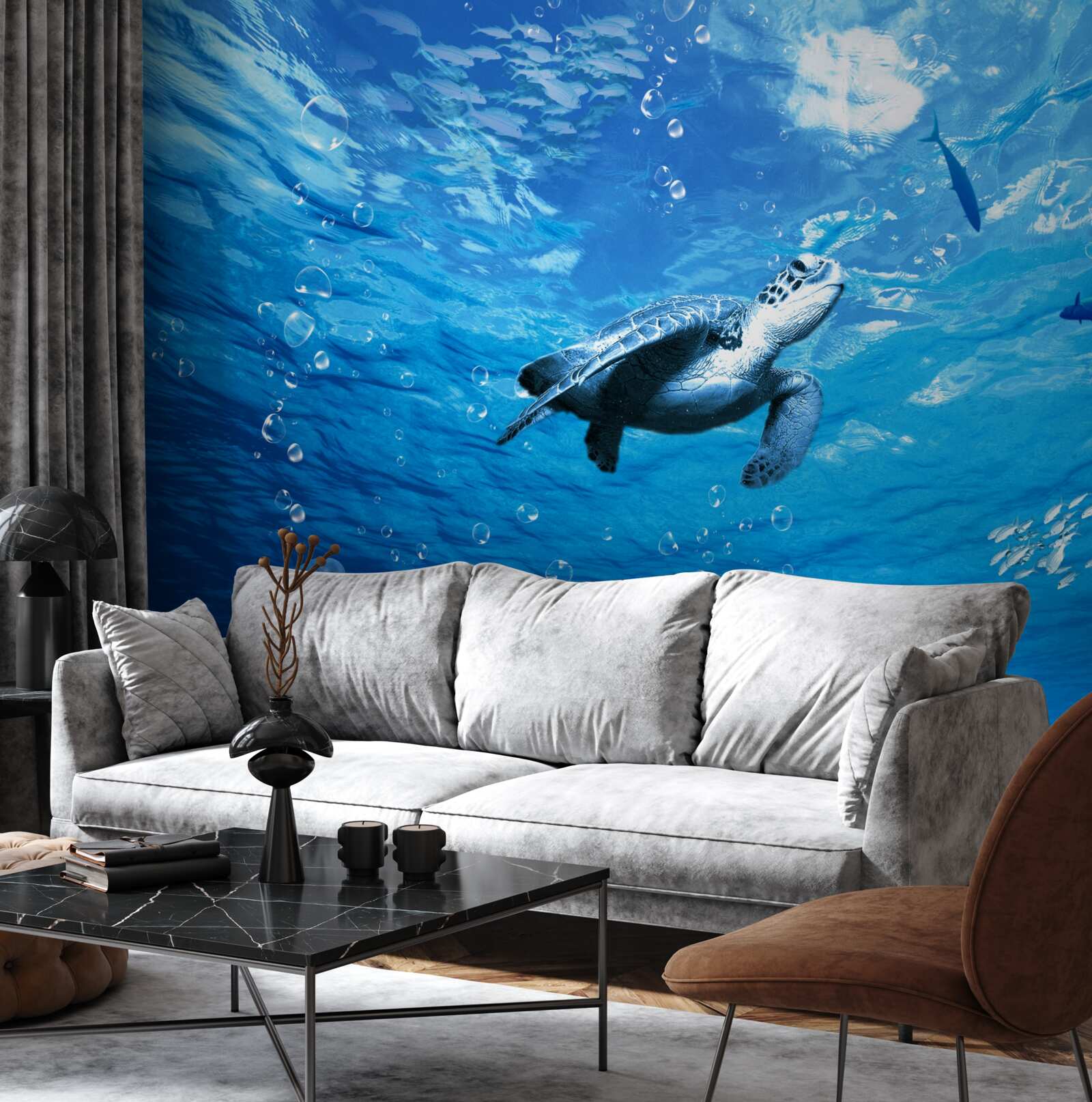 Fototapeta błękitne morze ozdobione jest żółwiem morskim