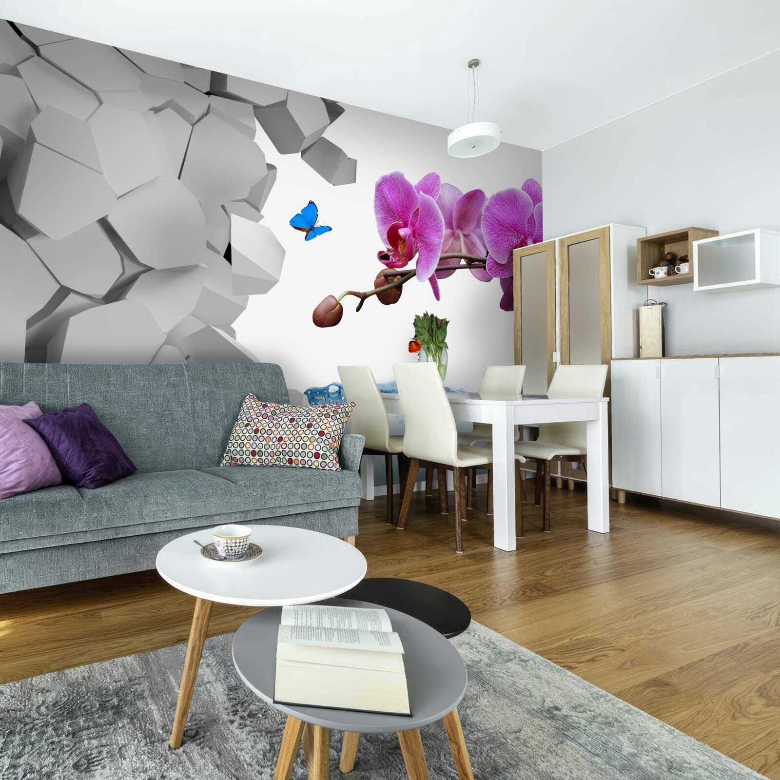 Fototapeta fioletowa orchidea i motyle na gałęzi