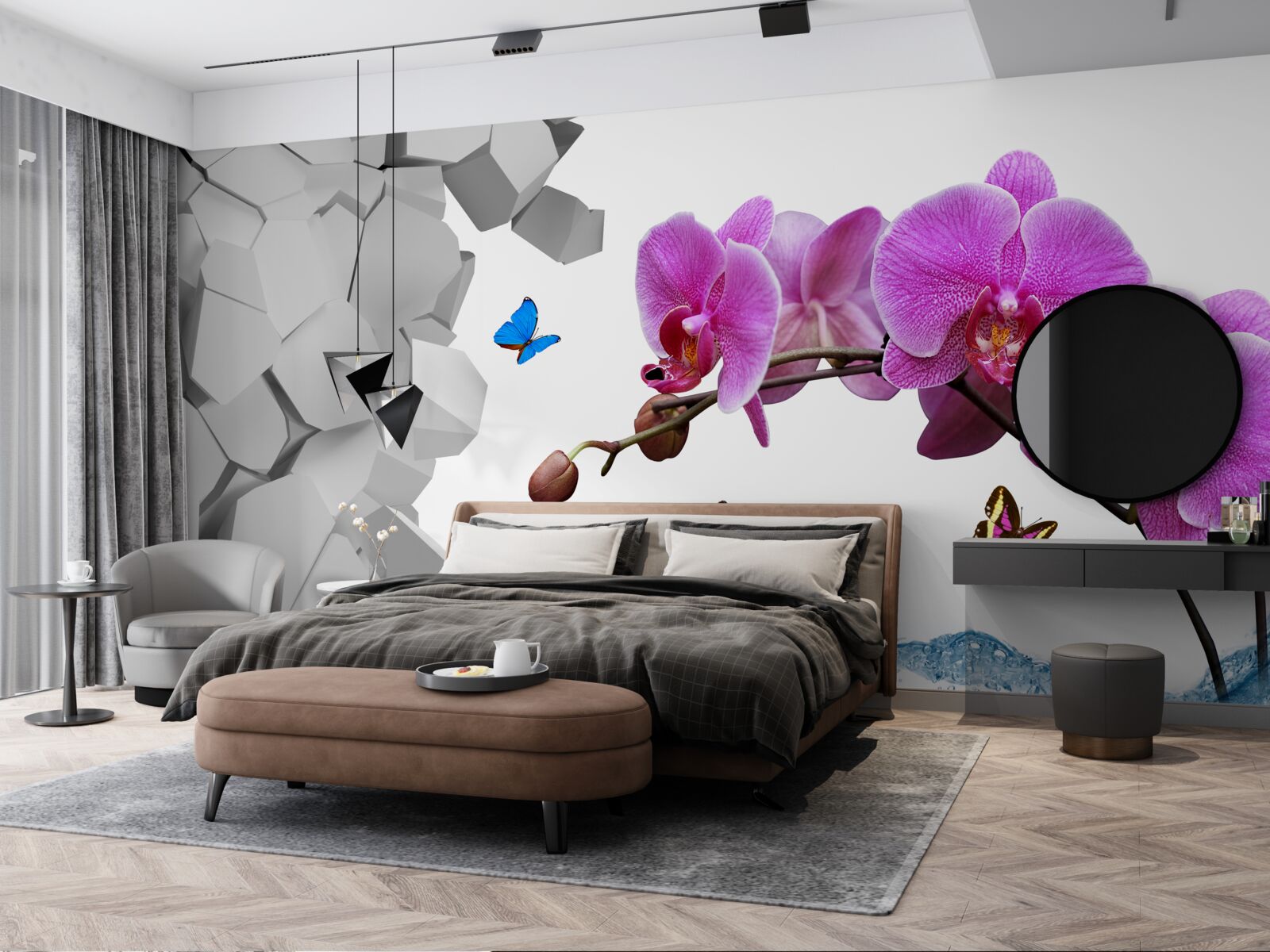 Fototapeta fioletowa orchidea i motyle na gałęzi