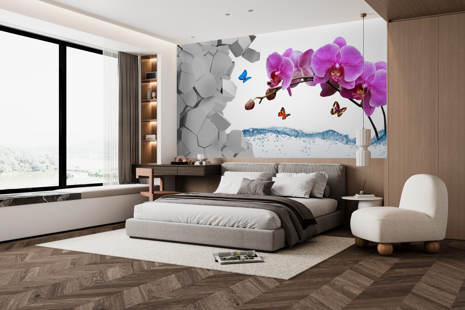 Fototapeta fioletowa orchidea i motyle na gałęzi