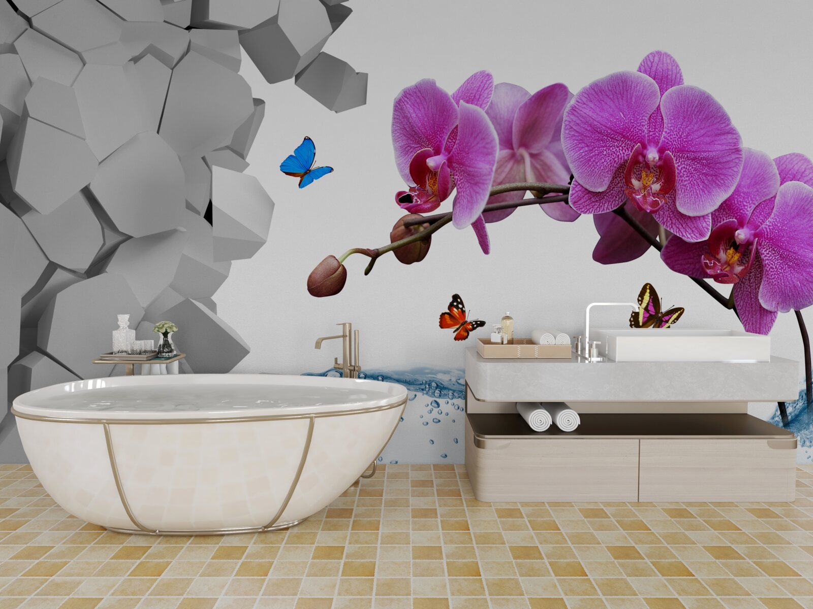 Fototapeta fioletowa orchidea i motyle na gałęzi