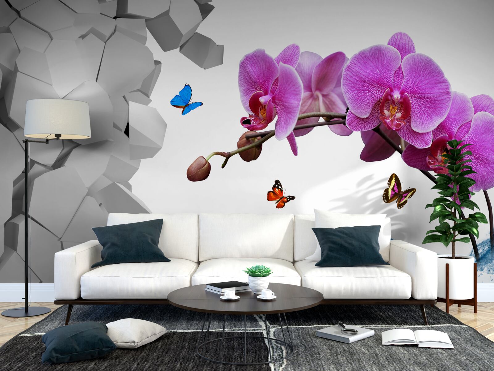 Fototapeta fioletowa orchidea i motyle na gałęzi