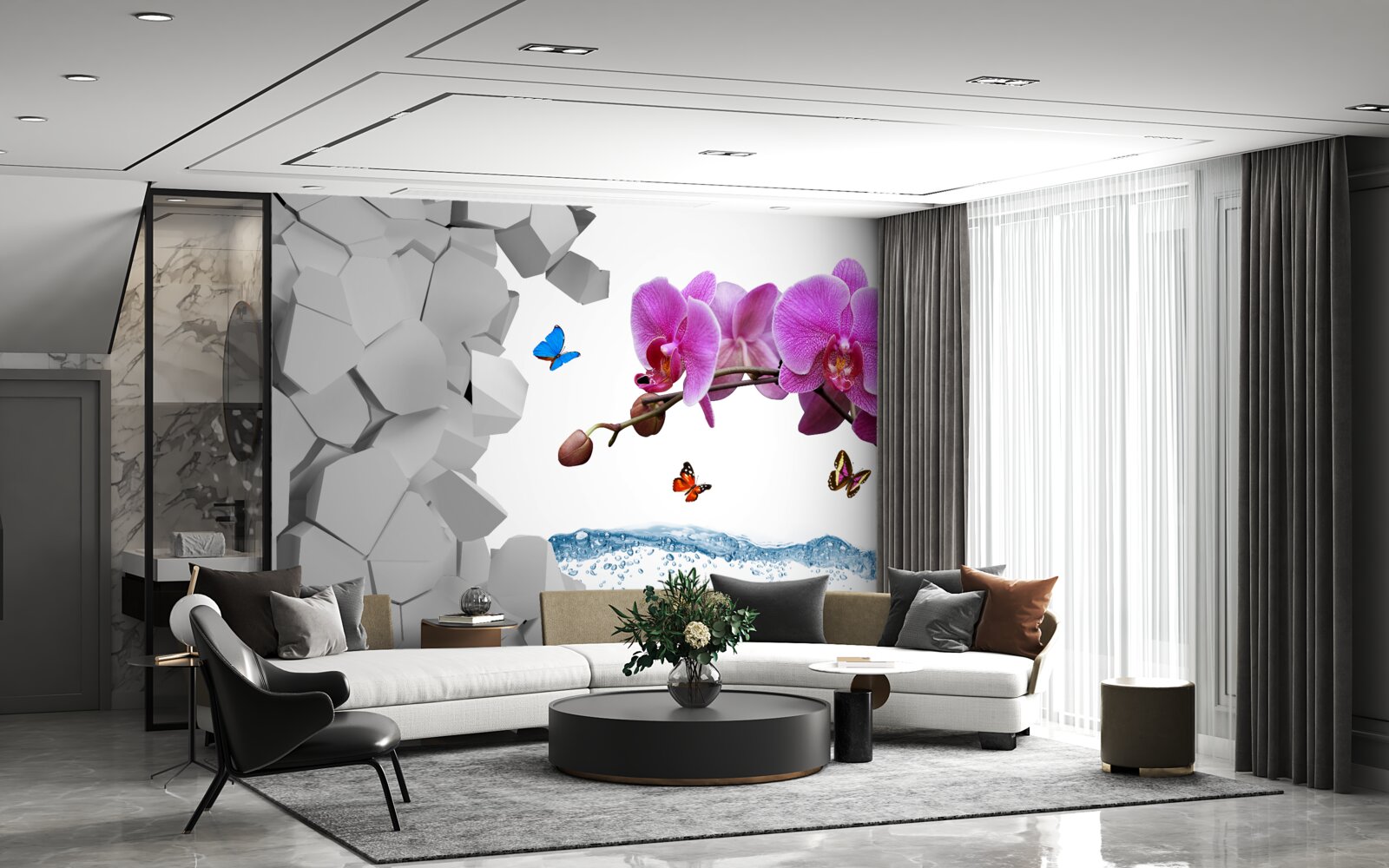 Fototapeta fioletowa orchidea i motyle na gałęzi