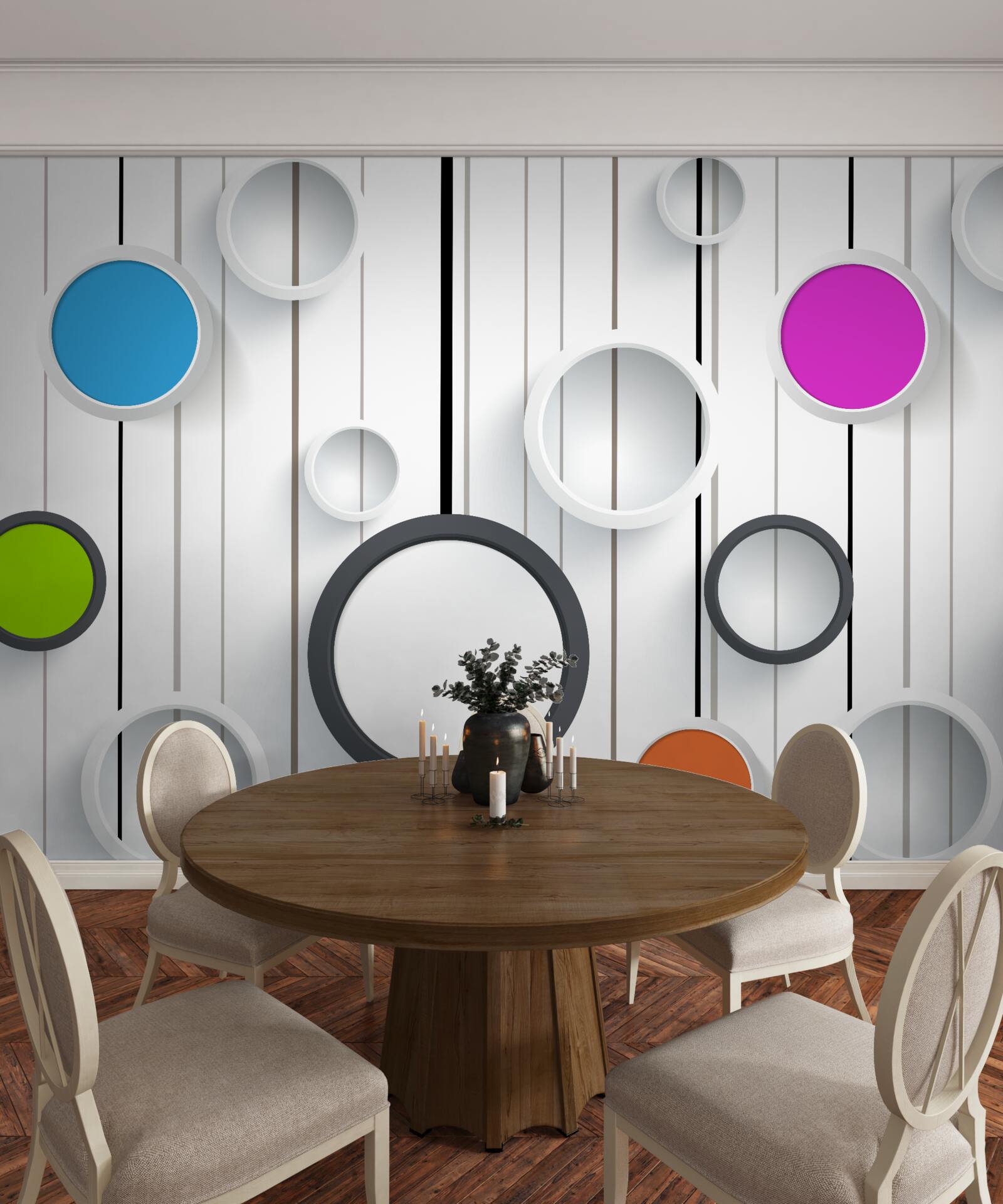 Fototapeta wielokolorowe koła na jasnym parkiecie