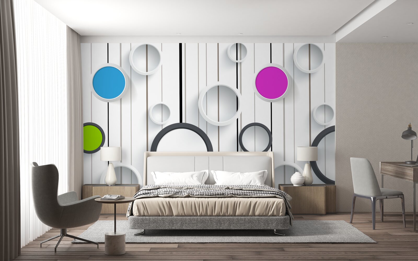Fototapeta wielokolorowe koła na jasnym parkiecie