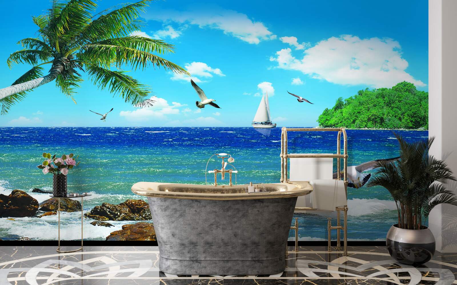 Fototapeta wzburzone morze i ptaki morskie