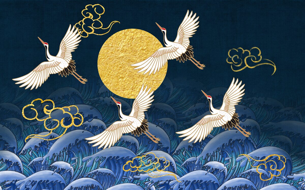 Fototapeta grupa żurawi kieruje się w stronę ich domu