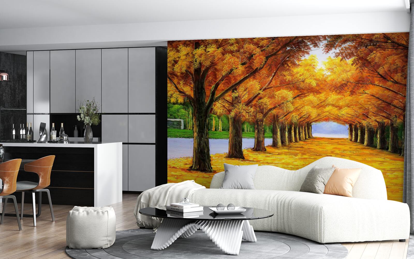 Fototapeta okres jesienny w parku z drzewami pokrytymi liśćmi