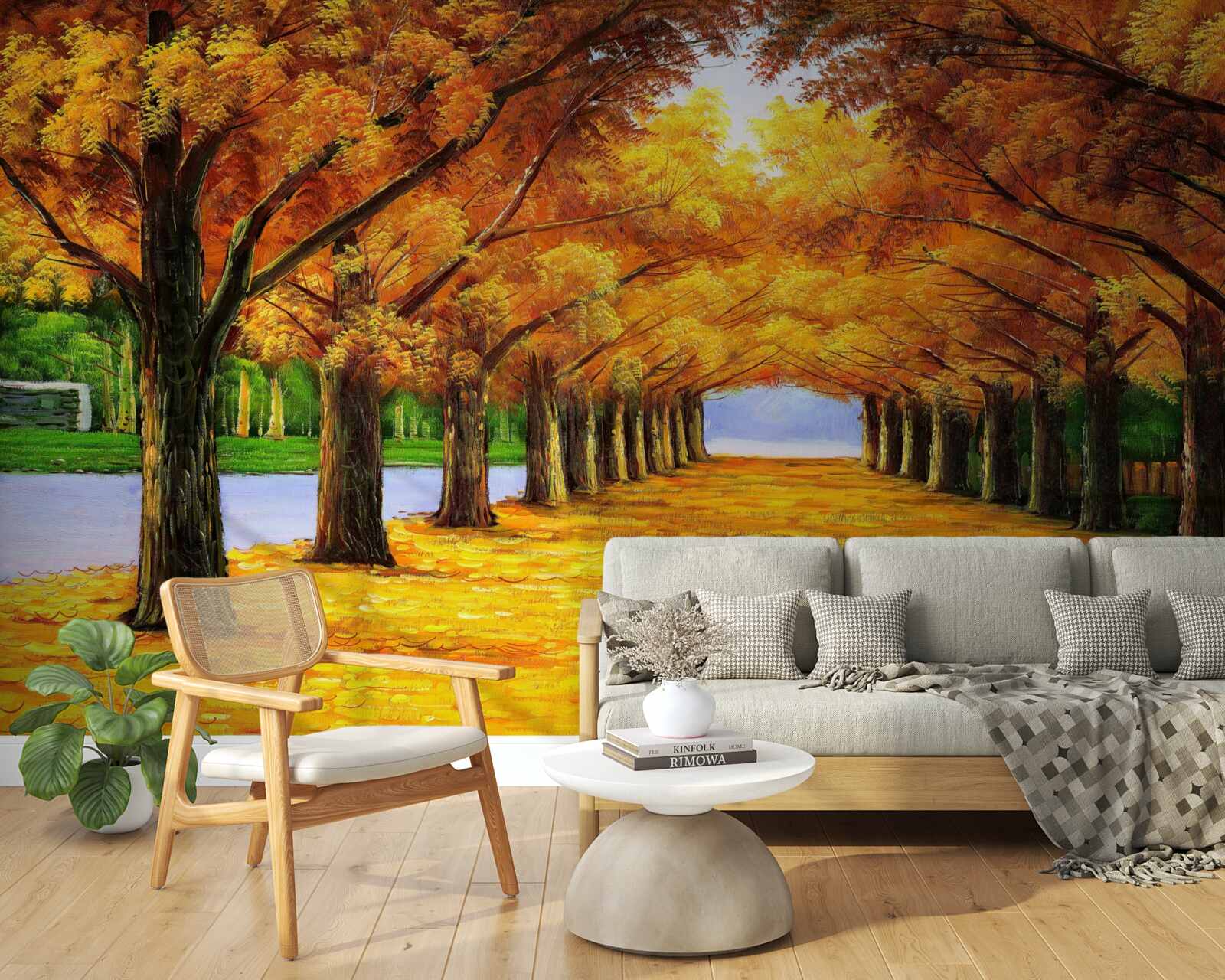 Fototapeta okres jesienny w parku z drzewami pokrytymi liśćmi