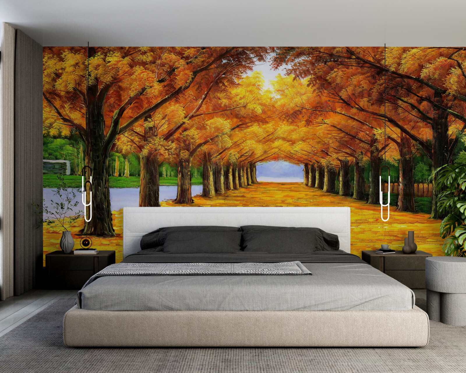 Fototapeta okres jesienny w parku z drzewami pokrytymi liśćmi