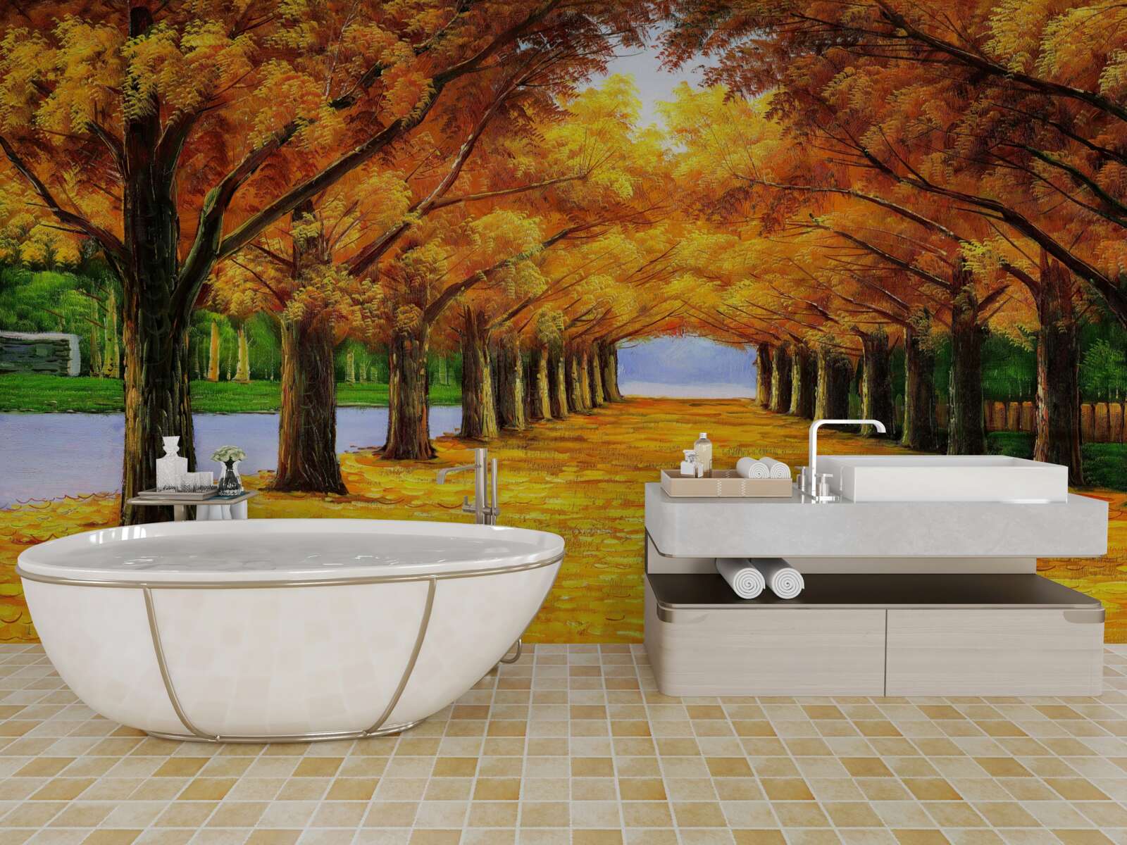 Fototapeta okres jesienny w parku z drzewami pokrytymi liśćmi