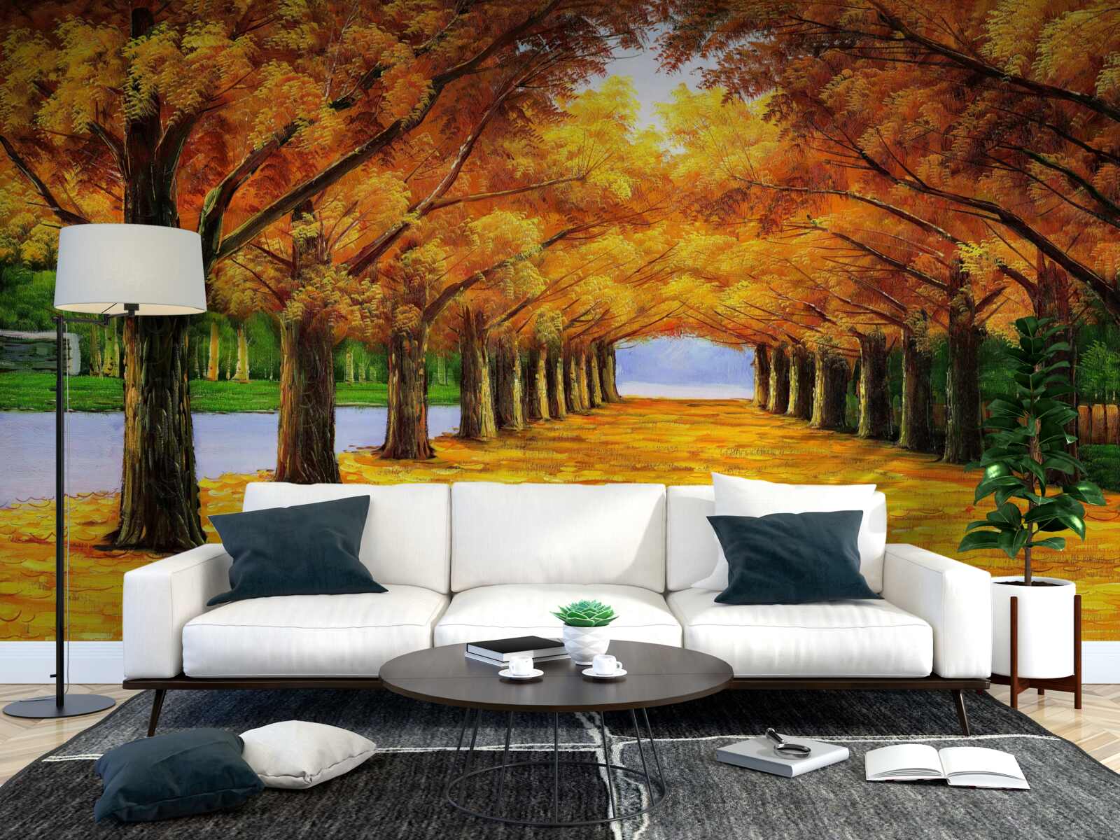 Fototapeta okres jesienny w parku z drzewami pokrytymi liśćmi