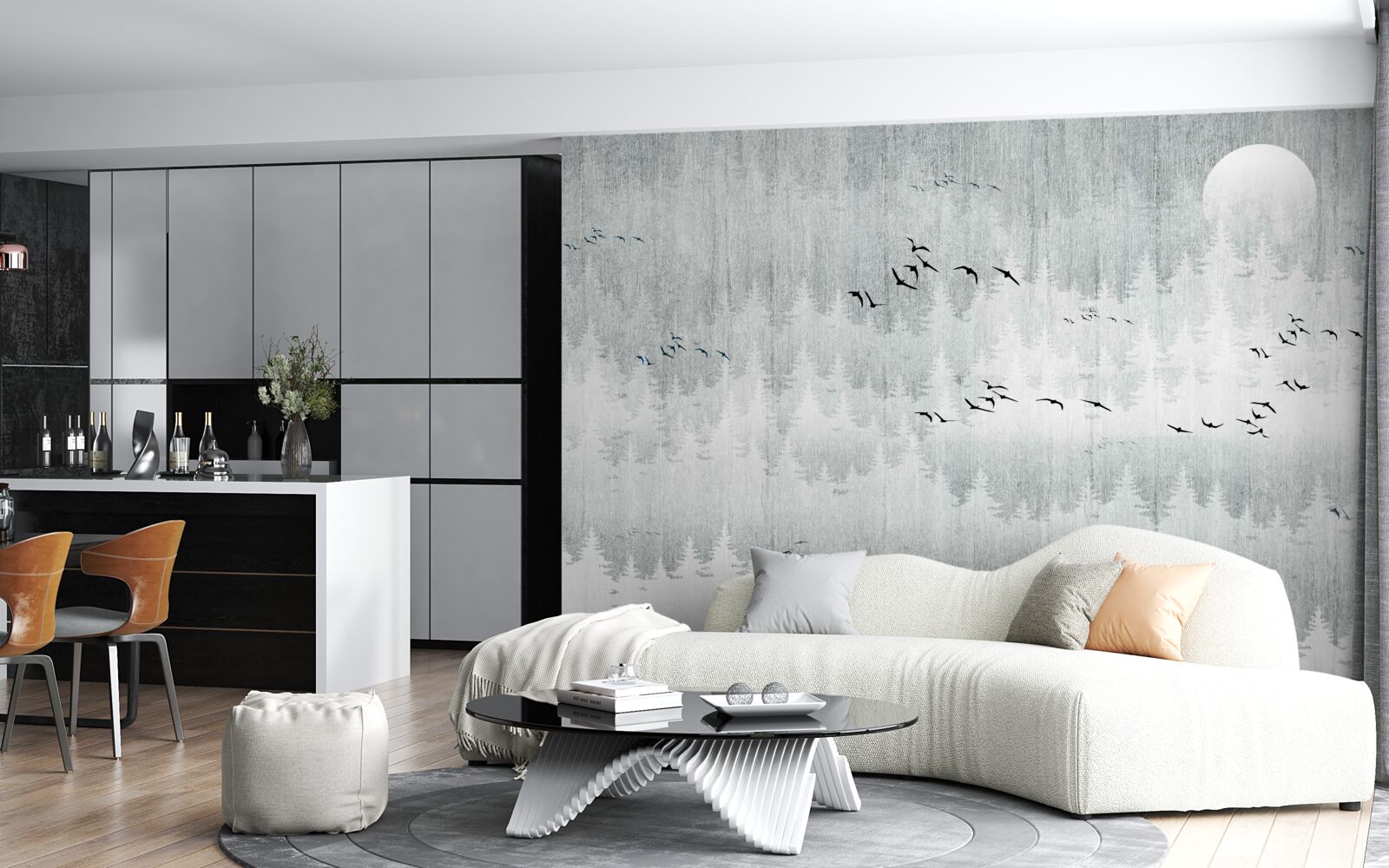 Fototapeta ptaki latają nad lasem pokrytym mgłą