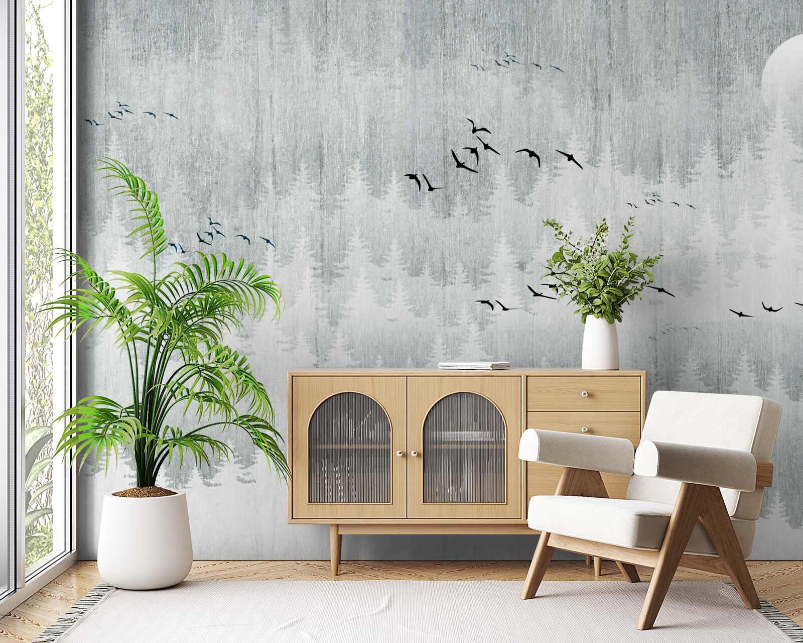 Fototapeta ptaki latają nad lasem pokrytym mgłą