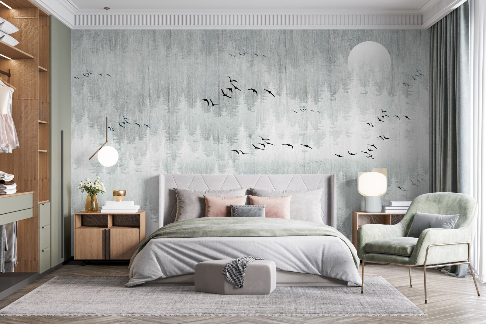 Fototapeta ptaki latają nad lasem pokrytym mgłą